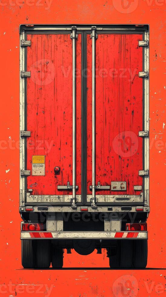 Red truck with wooden texture on bright orange background, showcasing detailed rear view. vibrant colors create striking visual impact photo