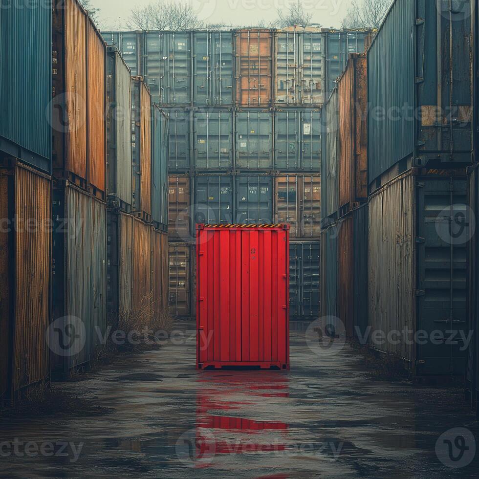 vibrant red shipping container stands out among many grey containers, creating striking contrast in storage yard. scene evokes sense of isolation and intrigue photo