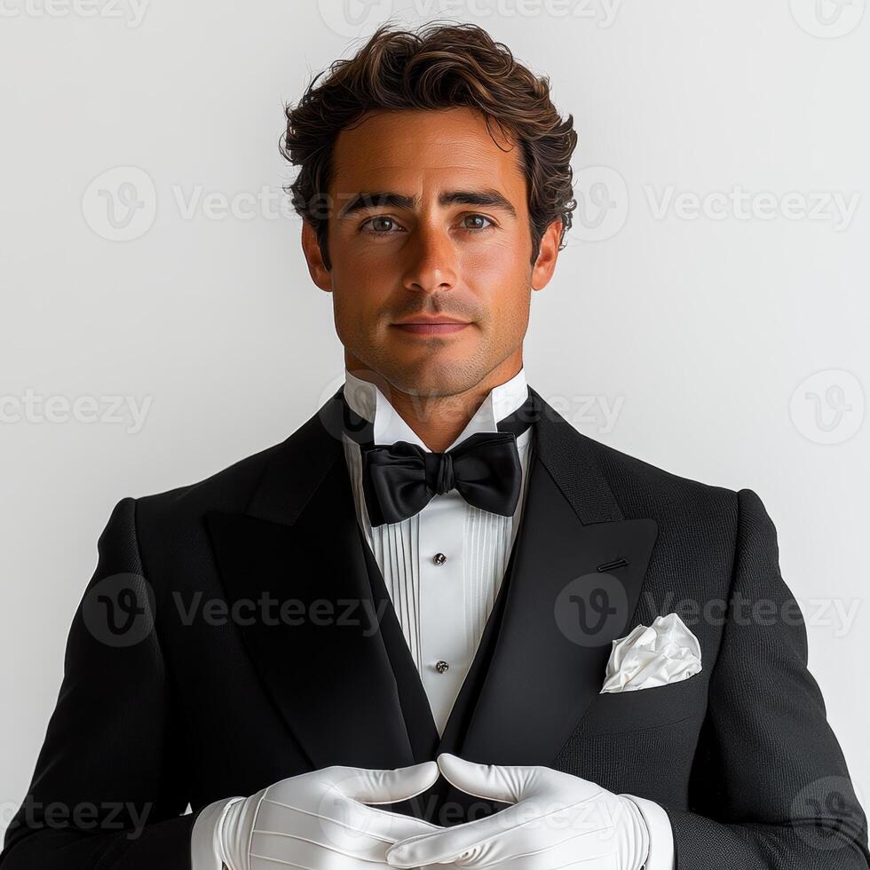 Elegant butler in tuxedo with white gloves, poised against white background, exuding sophistication and professionalism photo