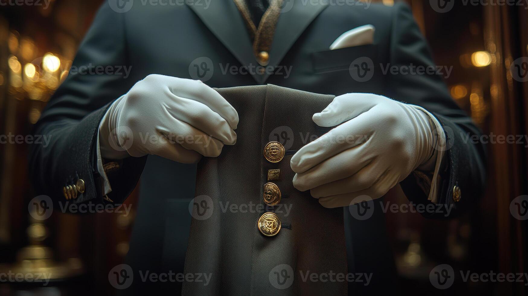 butler in formal attire adjusts suit with white gloves, showcasing elegance and professionalism. setting exudes luxury and sophistication photo