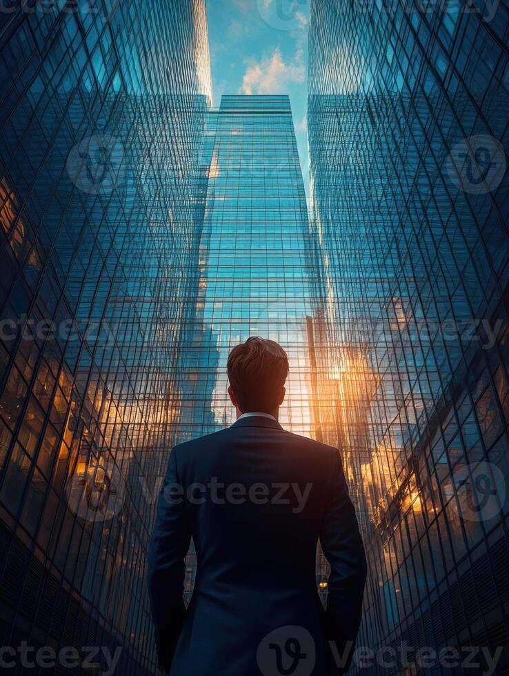 corporate employee stands in urban setting, gazing up at towering glass buildings reflecting sunset. scene conveys ambition and determination photo