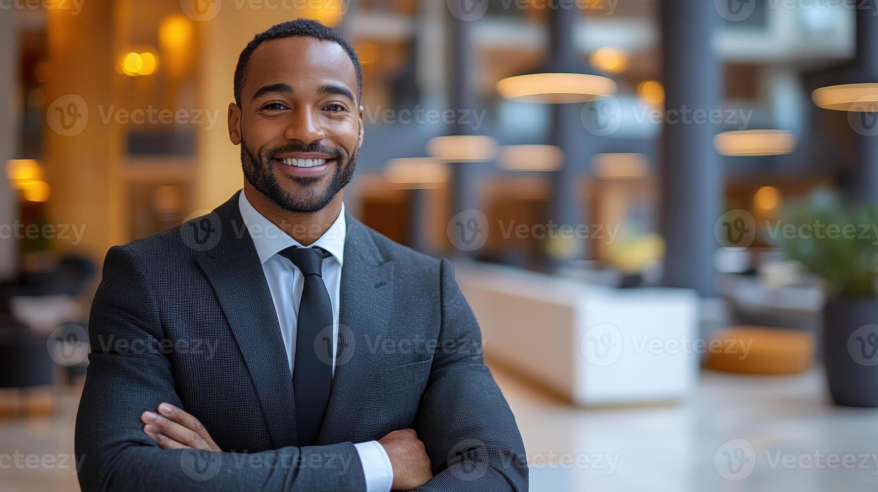 confident man in stylish black suit smiles warmly in modern lobby, showcasing professionalism and approachability photo