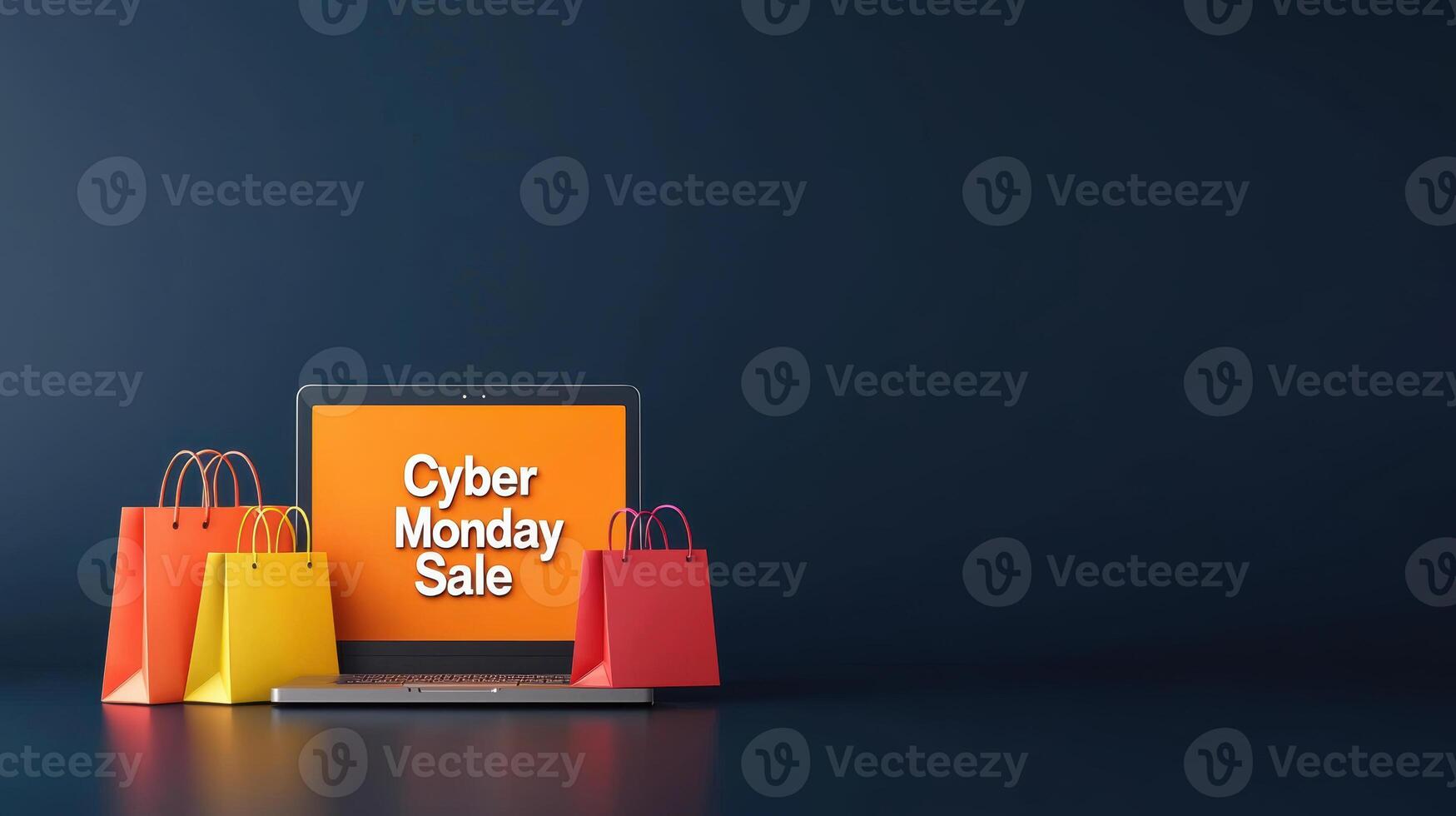 Cyber Monday Sale on glowing laptop screen with colorful shopping bags. This vibrant scene captures excitement of online shopping during holiday season photo