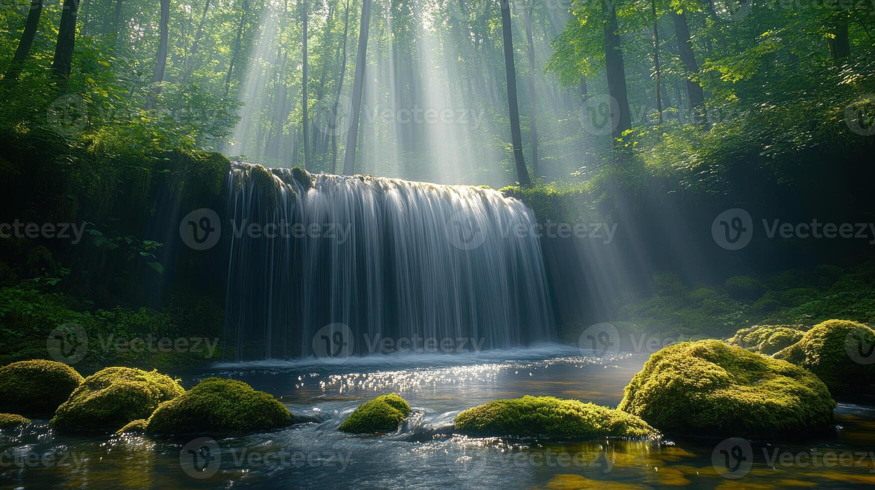 serene waterfall cascades through lush green forest, illuminated by soft rays of sunlight filtering through trees. tranquil scene evokes sense of peace and natural beauty photo