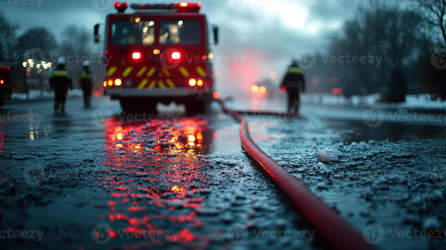 fire engine with long hose on wet road, firefighters working in background, dramatic lighting and atmosphere photo