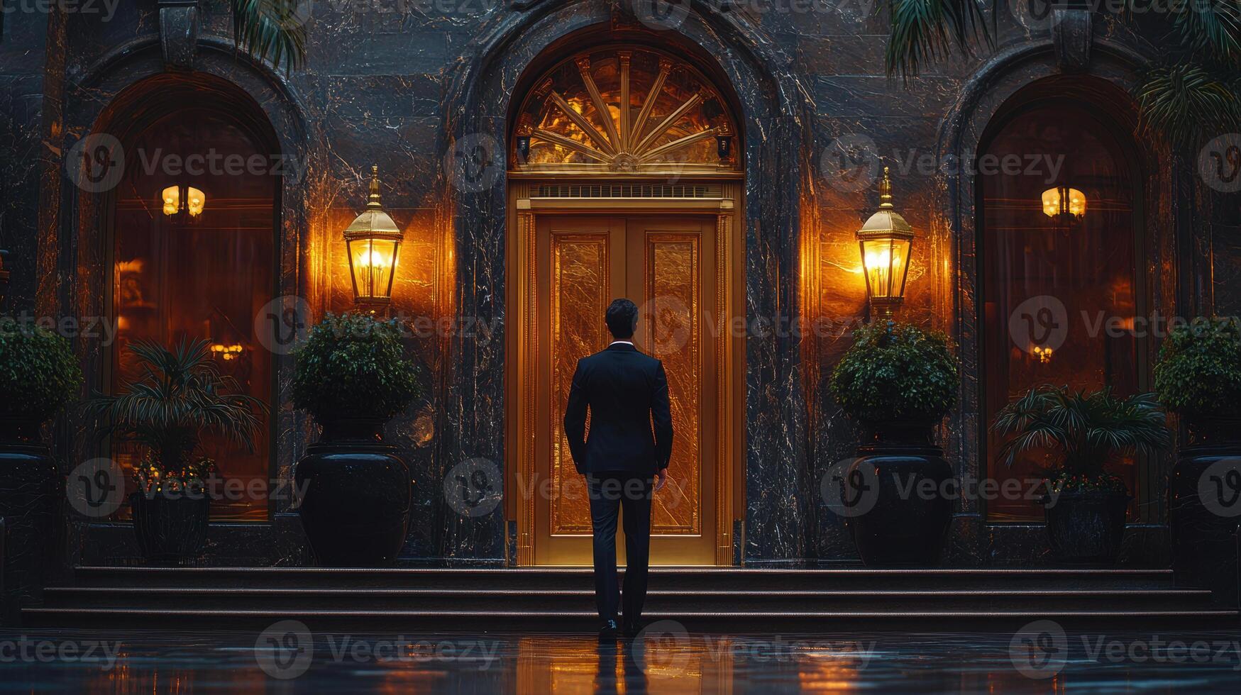 man in suit stands before elegant entrance with golden doors, surrounded by lush plants and warm lighting, evoking sense of anticipation and luxury photo