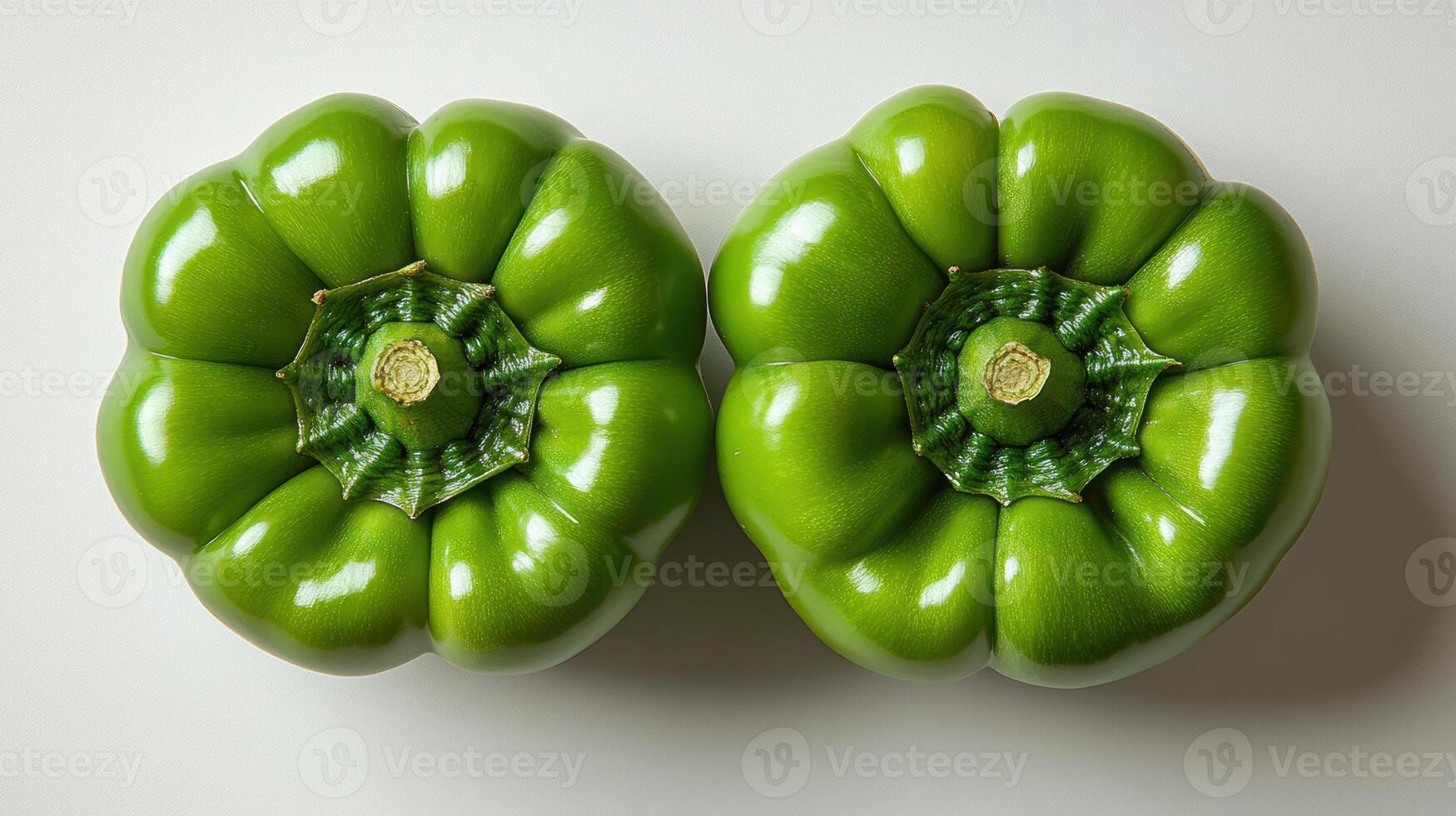 Fresh green bell peppers with glossy surface, showcasing their vibrant color and unique shape, perfect for healthy meals and recipes photo