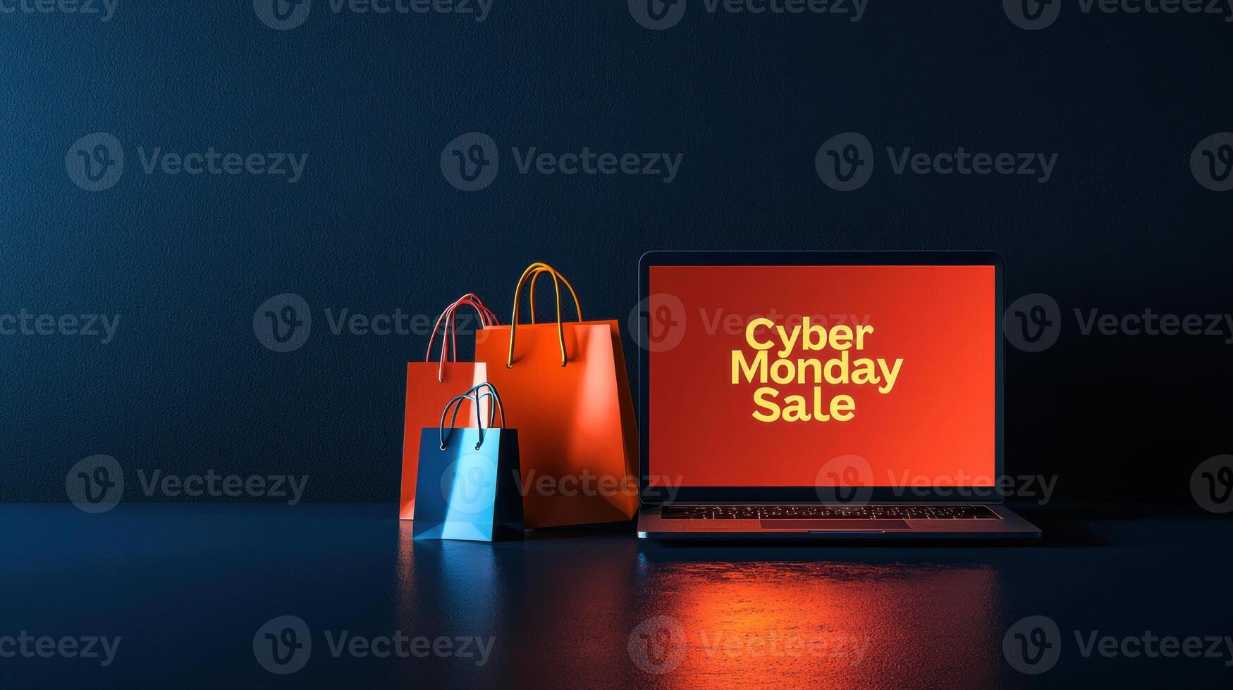Cyber Monday Sale on glowing laptop screen with colorful shopping bags nearby, creating vibrant shopping atmosphere photo