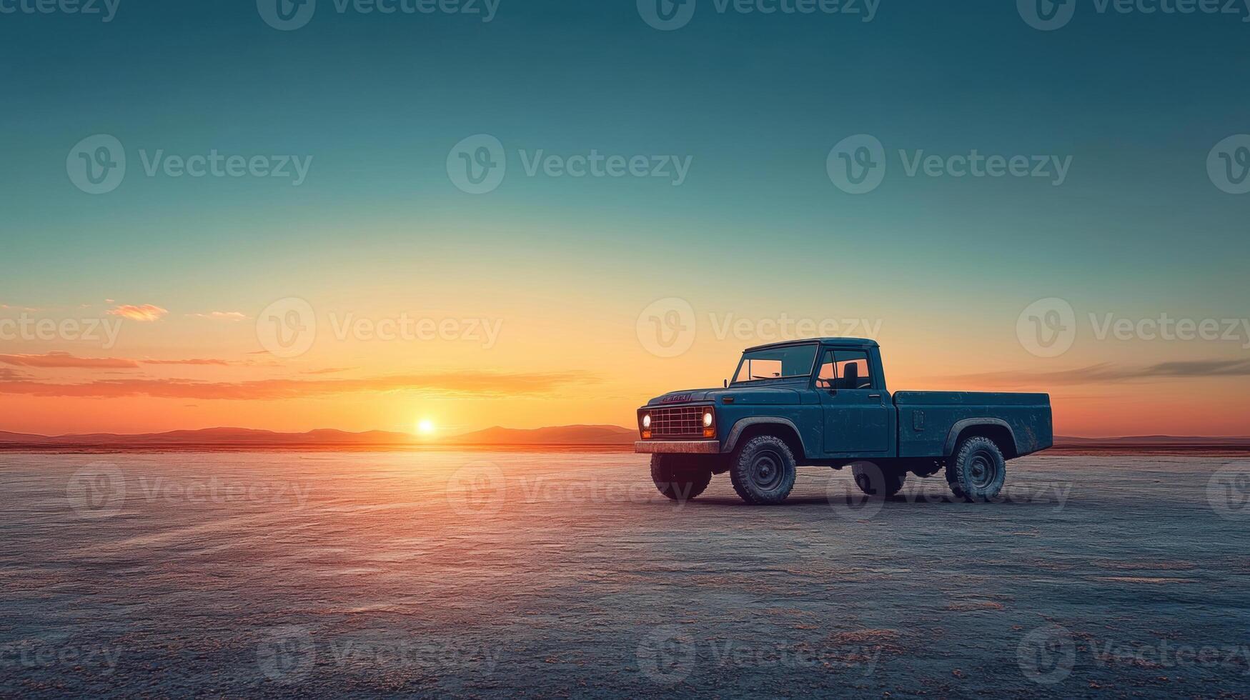 vintage pickup truck parked on vast, empty landscape at sunset, creating serene and nostalgic atmosphere photo