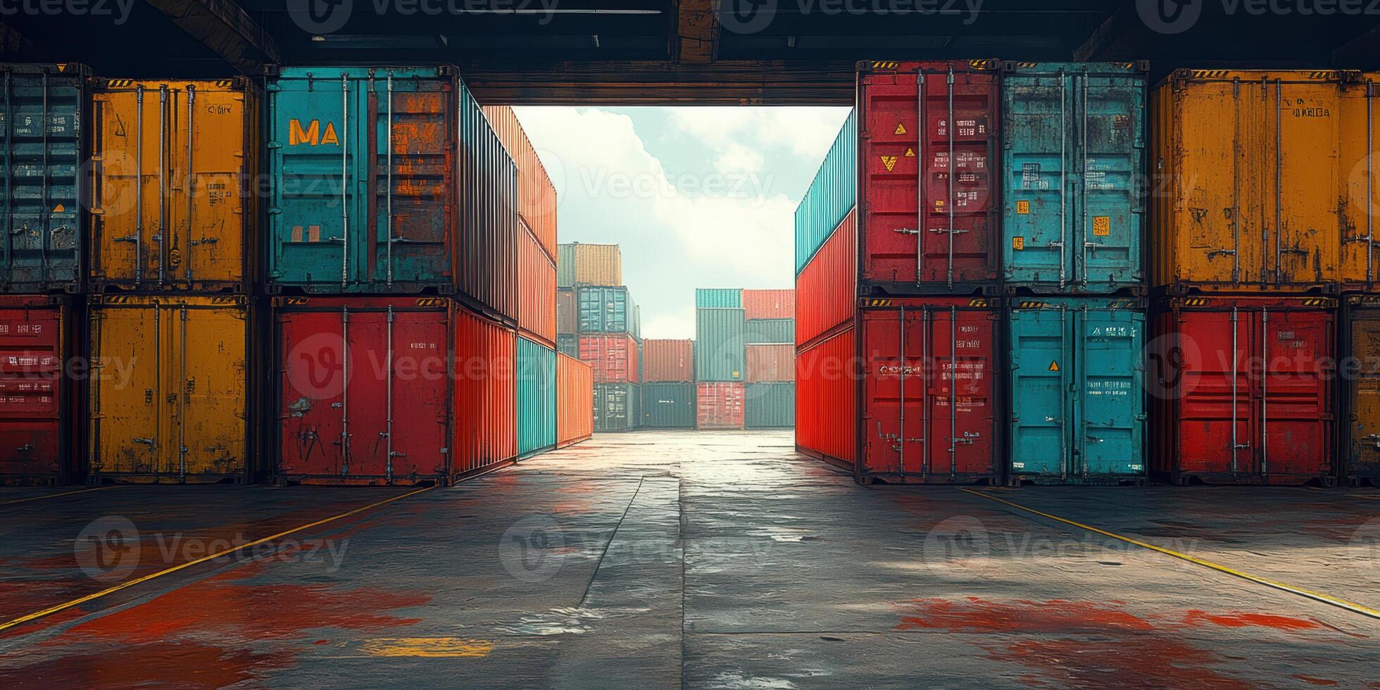 row of colorful shipping containers stacked in warehouse, creating vibrant industrial scene. sunlight filters through, enhancing colors and textures photo