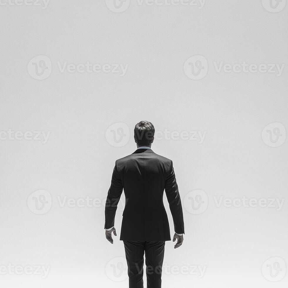 man in suit standing with his back to camera, facing blank wall, exuding confidence and determination photo