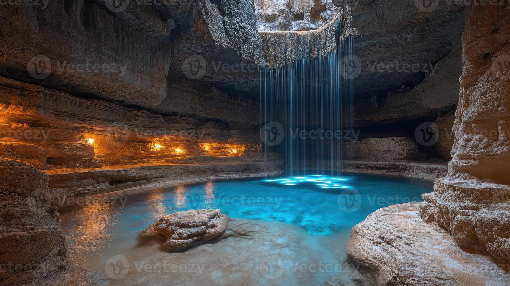 mystical cave featuring serene pool illuminated by soft lights and cascading waterfall. tranquil atmosphere invites exploration and wonder photo