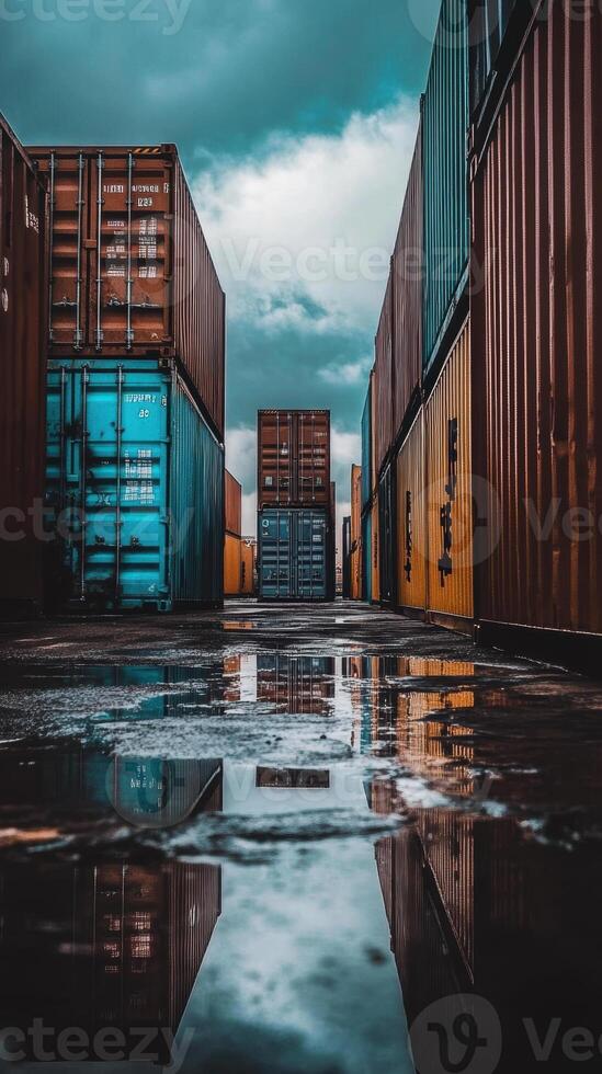 row of shipping containers reflects in puddles on rainy day, showcasing vibrant colors and dramatic sky. scene evokes sense of industrial beauty and solitude photo