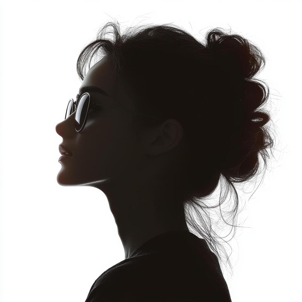 silhouette of woman wearing sunglasses, showcasing stylish profile. image captures sense of mystery and elegance, perfect for fashion or lifestyle themes photo