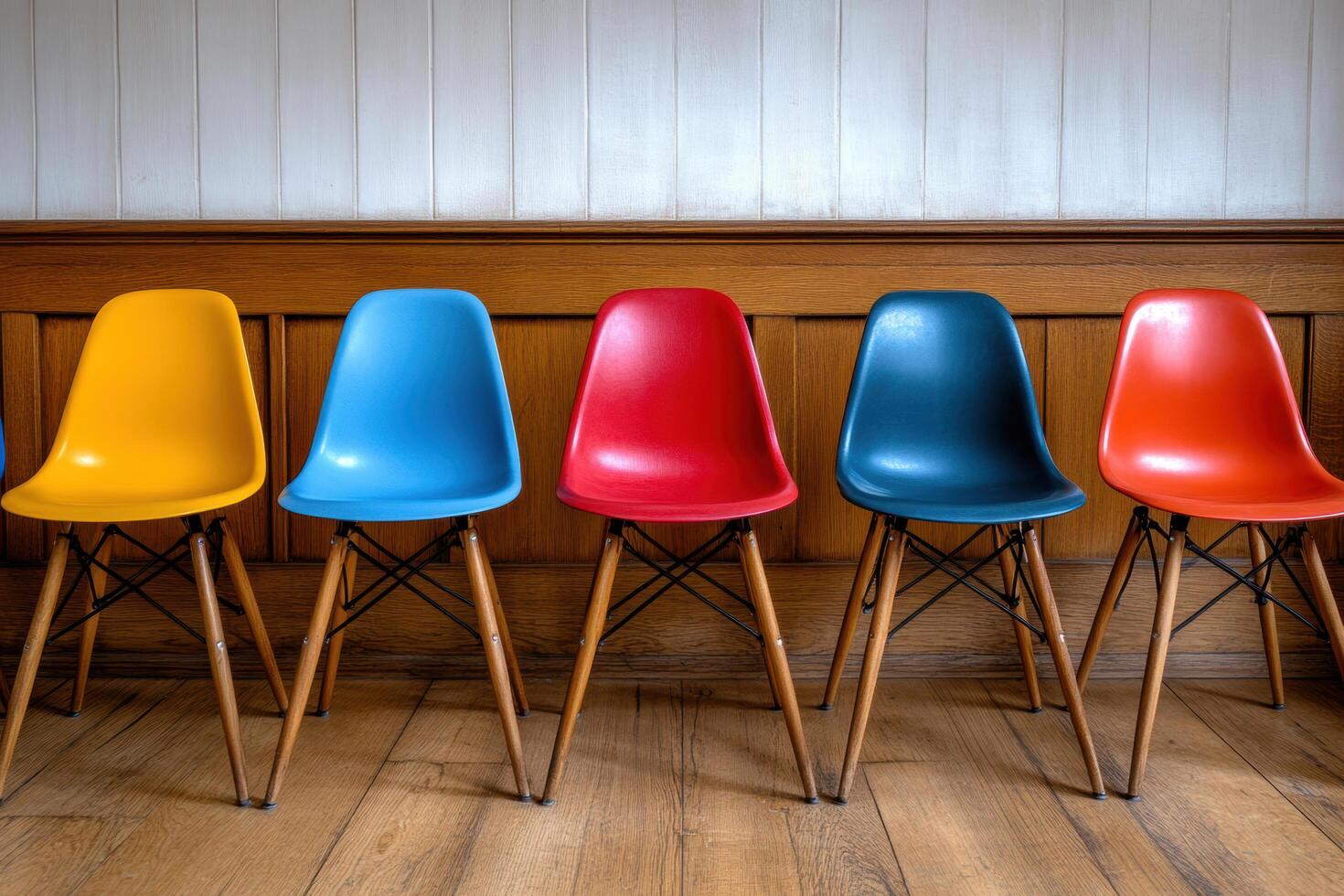 Stylish stackable chairs in vibrant colors, perfect for modern interiors. These ergonomic chairs feature wooden legs and sleek design, adding pop of color to any space photo