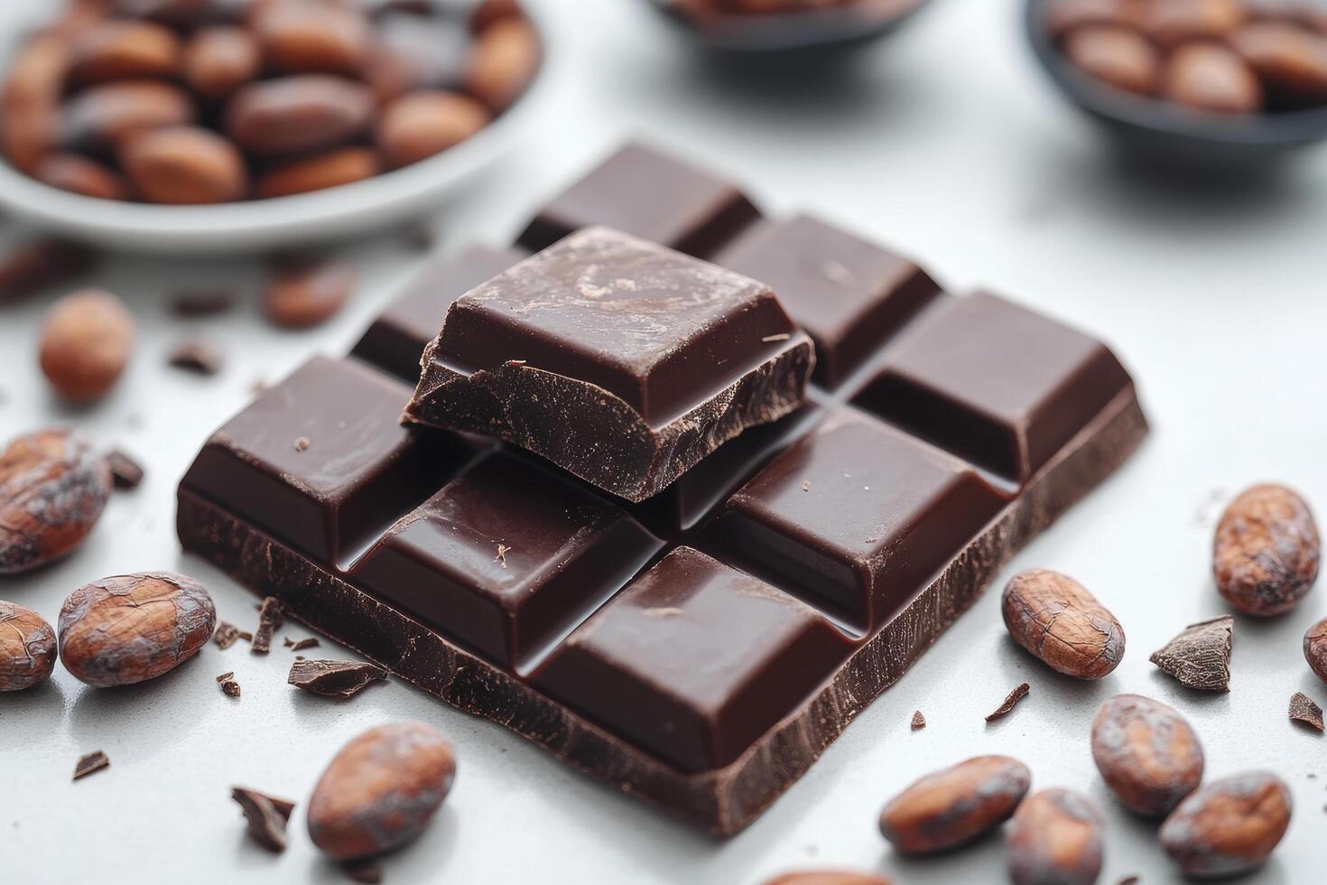 Rich dark chocolate squares with cocoa beans scattered around, creating delightful and indulgent scene. Perfect for chocolate lovers and dessert enthusiasts photo
