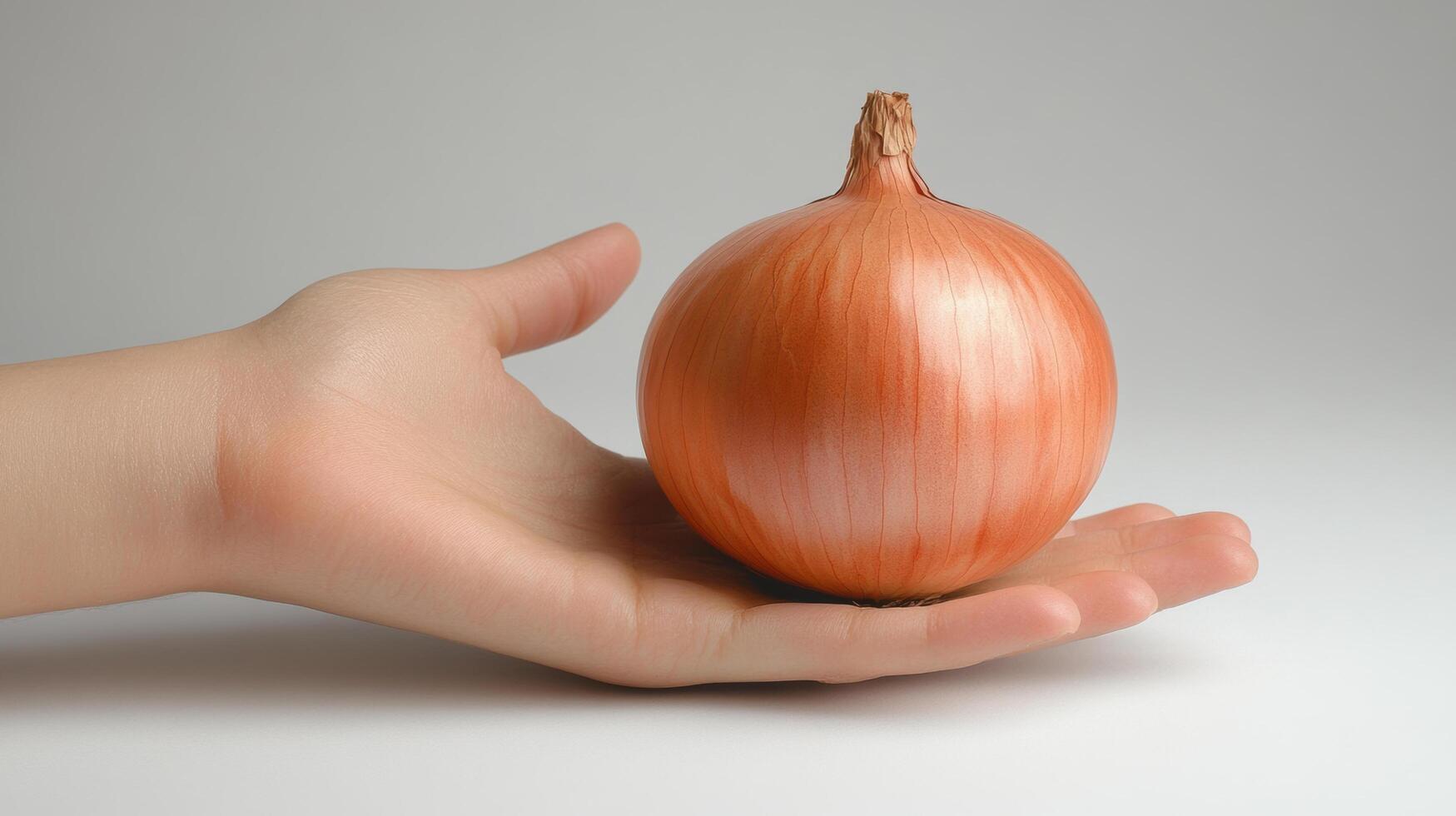 hand holding single onion on plain white background, showcasing its smooth texture and vibrant color. This captures simplicity and beauty of fresh produce photo