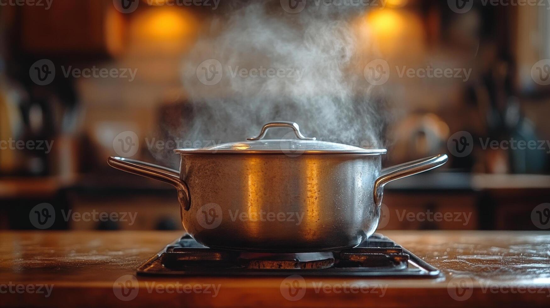 small saucepan with steam rising, placed on stove in cozy kitchen setting, evokes warmth and culinary creativity photo