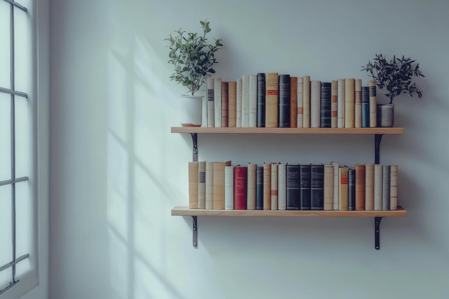 sleek space saving wall mounted shelf displaying neatly arranged books and decorative plants, enhancing modern interior design photo