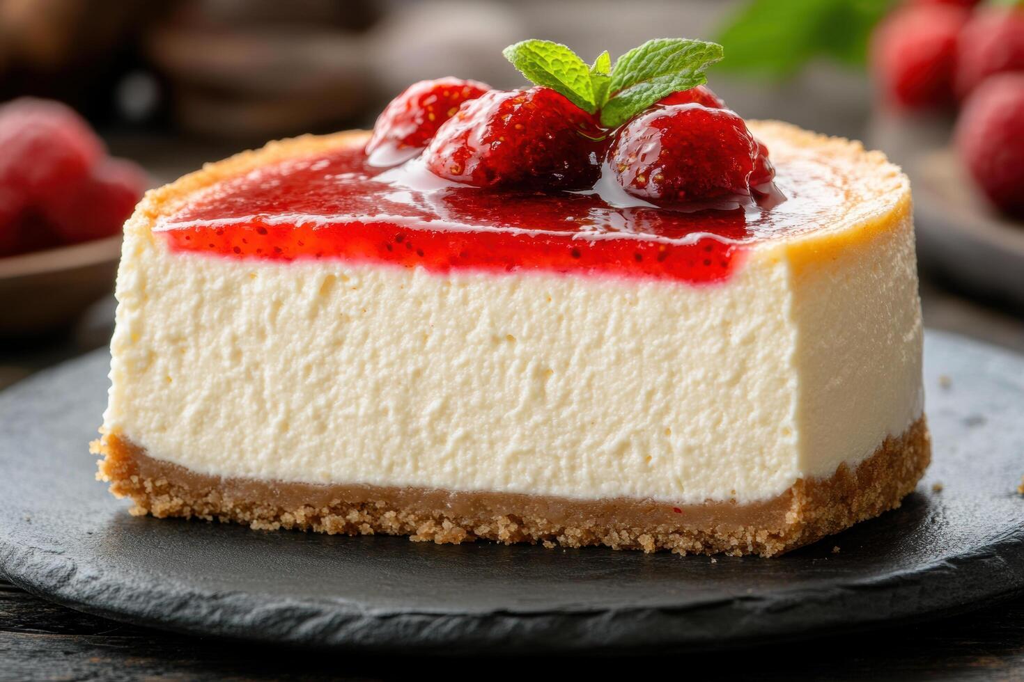 Delicious slice of homemade cheesecake with graham cracker crust, topped with fresh strawberries and glossy red sauce, garnished with mint leaves. Perfect for dessert lovers photo