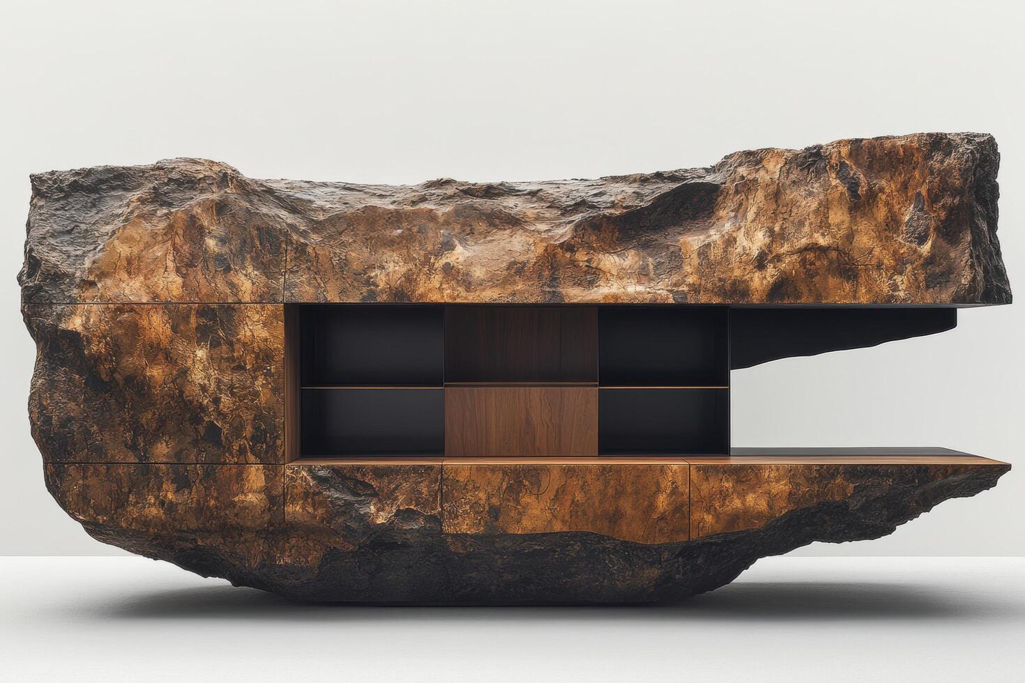 unique wooden TV console with minimalist design, featuring striking natural rock texture and sleek storage compartments, perfect for modern interiors photo