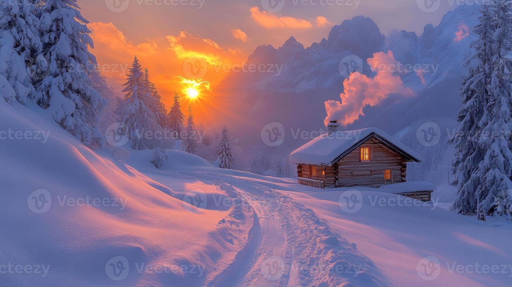 snowy mountain landscape features cozy cabin with smoke rising from chimney, surrounded by tall trees and stunning sunset. scene evokes warmth and tranquility photo