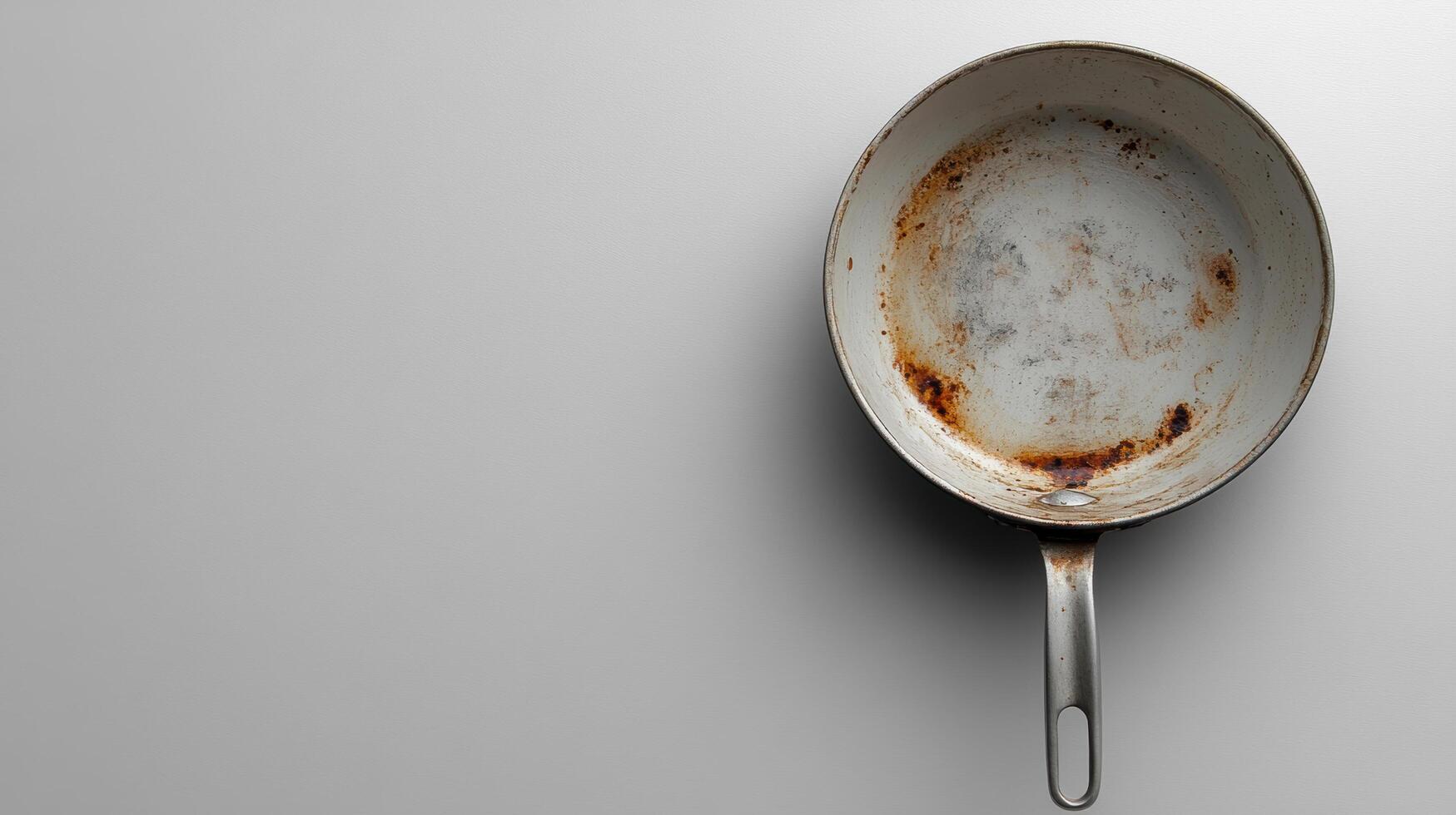 small saucepan with worn, rusty interior sits on pure white background, showcasing its age and use. This captures essence of kitchenware and culinary history photo