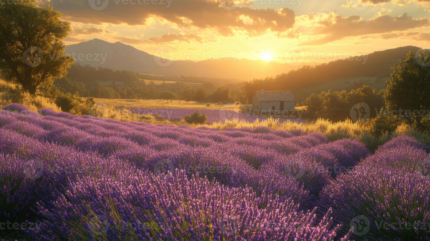sprawling field of lavender at sunrise, with vibrant purple rows stretching across landscape. warm sunlight casts golden hue, creating serene and tranquil atmosphere photo
