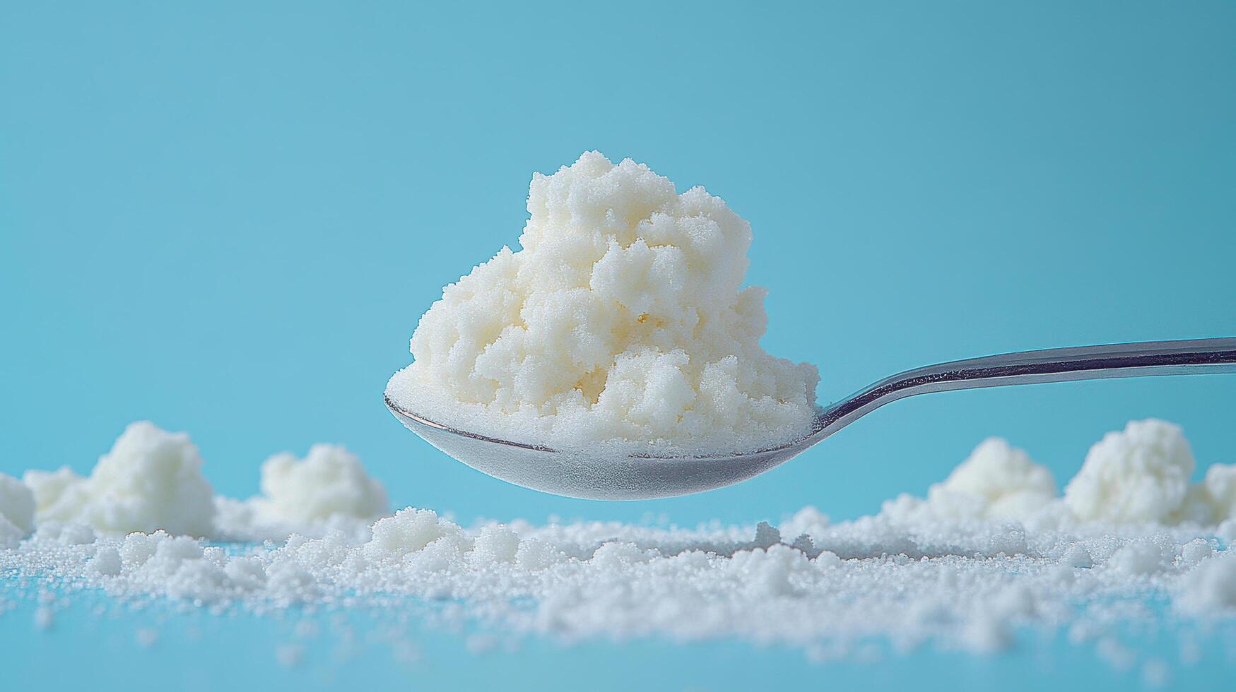 spoonful of sugar sits on silver spoon against light blue background, surrounded by scattered sugar granules, creating sweet and inviting scene photo