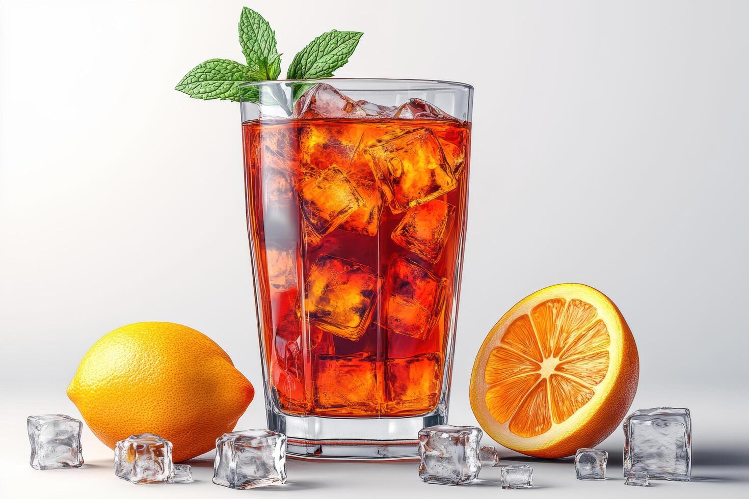 tall glass of iced tea with lemon and orange slices, garnished with mint, evokes refreshing summer vibe. Perfect for hot days photo