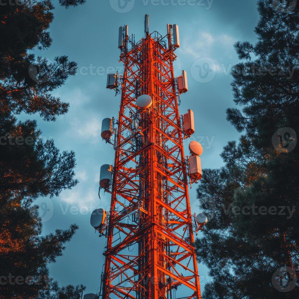 Telecommunication network tower surrounded by trees under cloudy sky. vibrant red structure features various antennas and satellite dishes, showcasing modern technology in natural setting photo