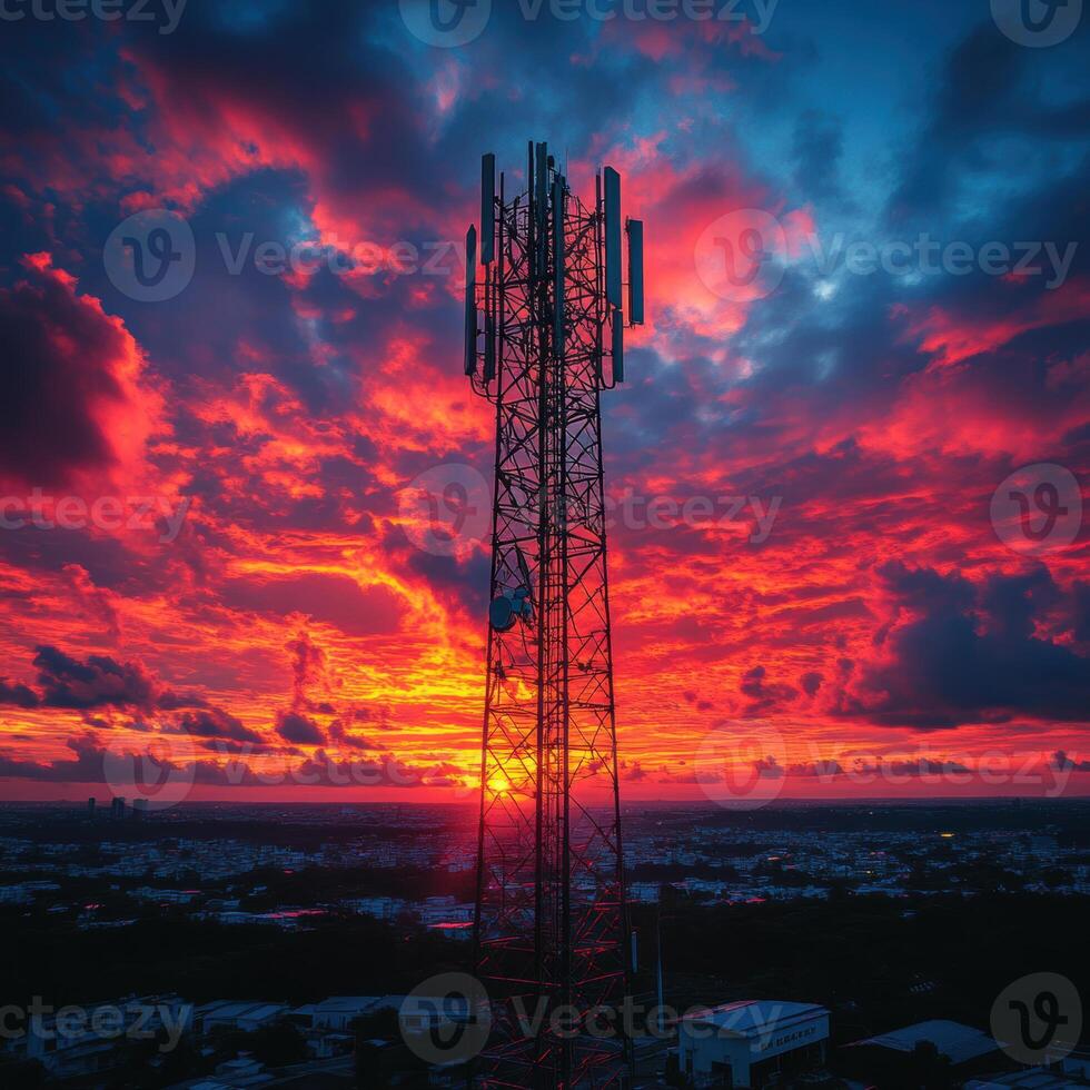 telecommunication network tower stands tall against vibrant sunset, surrounded by dramatic clouds. scene captures beauty of technology and nature in harmony photo