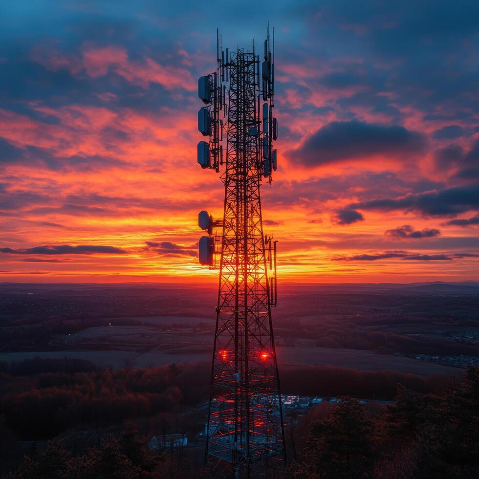 Stunning telecommunications tower silhouetted against vibrant sunset, showcasing blend of technology and nature beauty photo