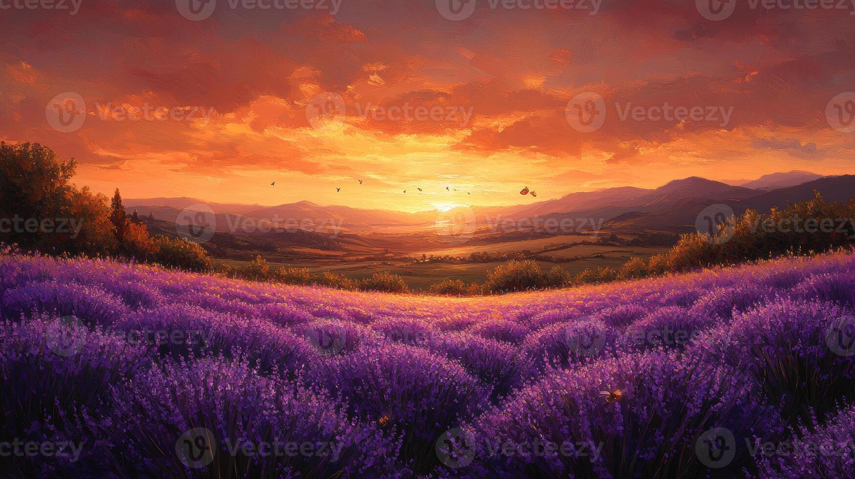 vibrant field of lavender under golden sunset creates serene landscape. colorful sky reflects on blooming flowers, evoking sense of tranquility and beauty photo