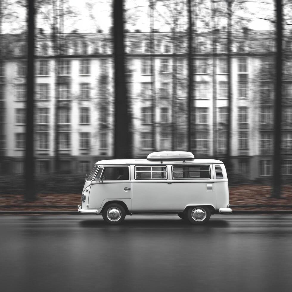 white van in motion, captured with blurred background of trees and buildings, evokes sense of speed and adventure photo