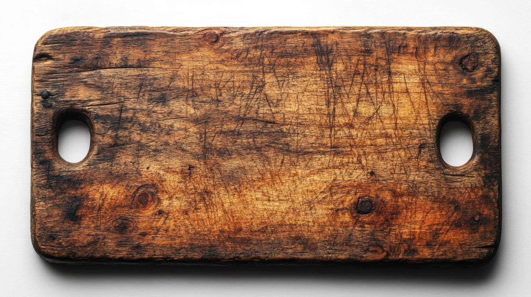 rustic wooden cutting board with two handles, showcasing textured surface and natural wood grain, perfect for culinary use and kitchen decor photo