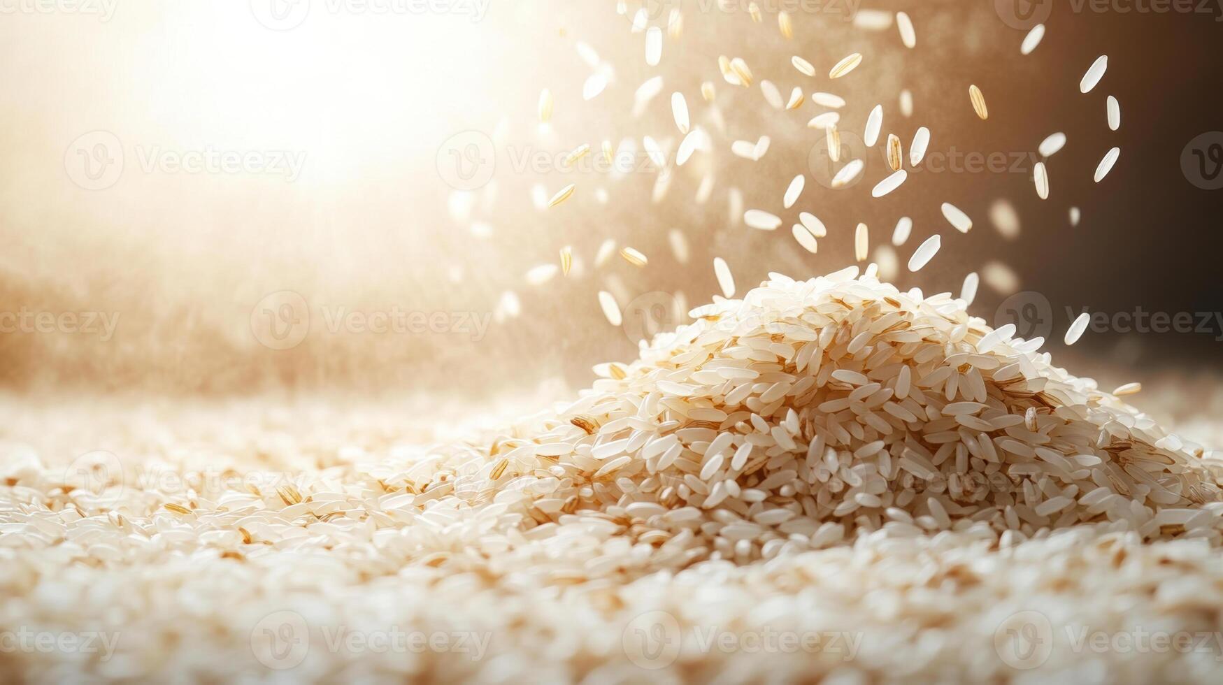 pile of white rice grains is beautifully illuminated, creating warm and inviting atmosphere. grains are scattered, adding dynamic touch to serene scene photo