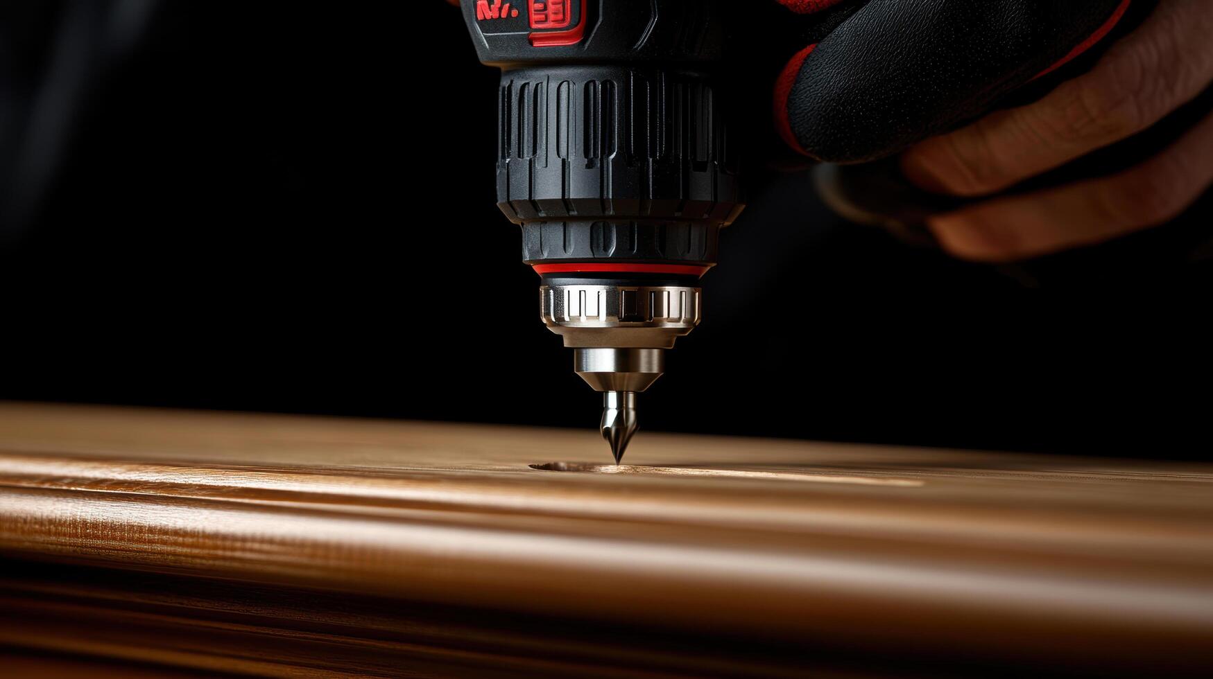 carpenter using drill to create precise holes in wood, showcasing craftsmanship and attention to detail. focus is on drill and wood surface photo