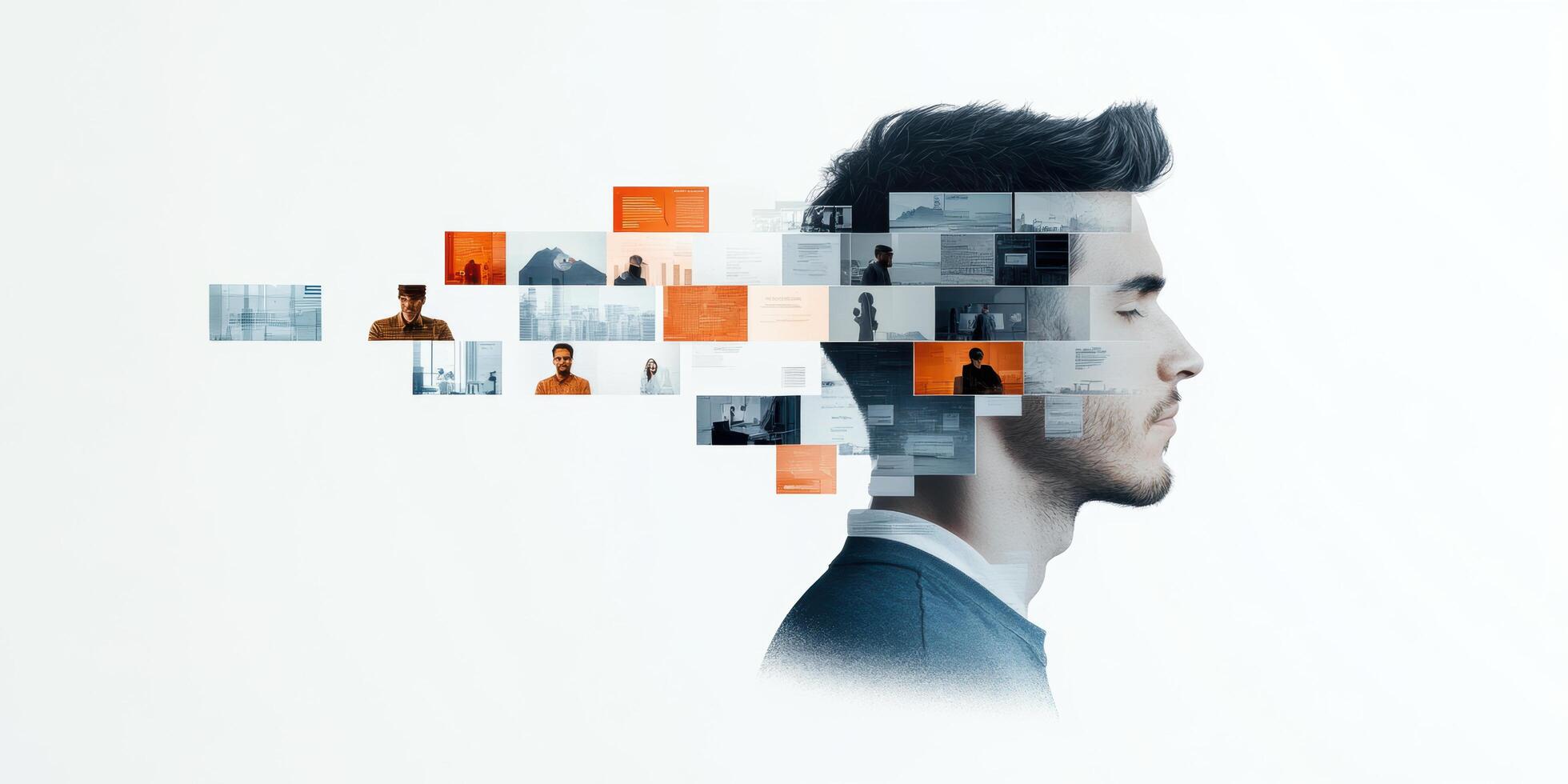 Innovative business concepts illustrated through man profile, showcasing various digital images and data. This visual representation highlights creativity and modern technology photo