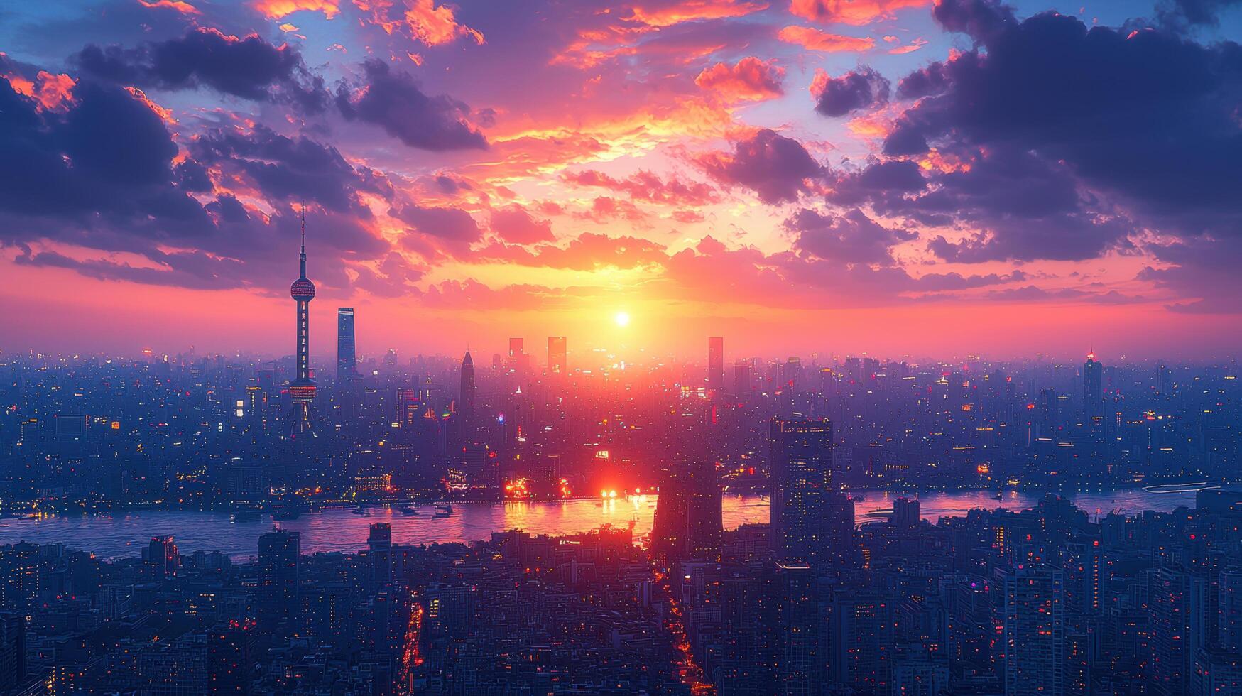 stunning city skyline at twilight, showcasing vibrant colors and reflections on water. scene captures beauty of urban life as sun sets behind buildings photo