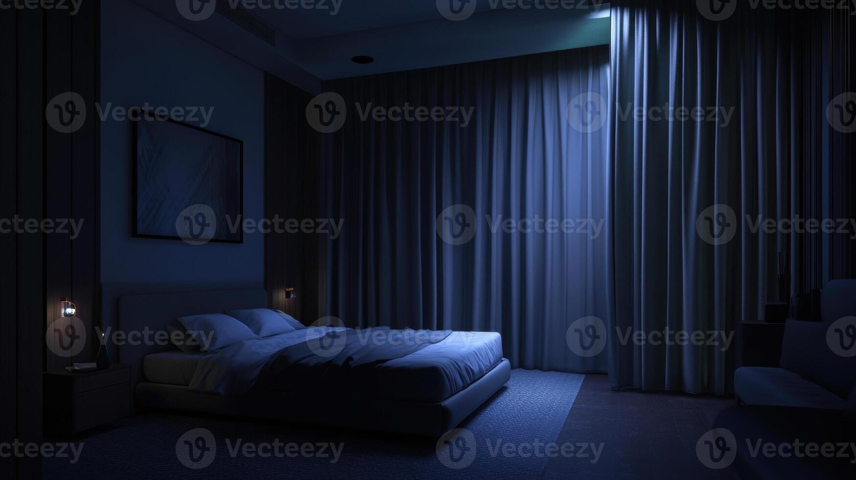 serene modern bedroom at night, featuring soft lighting and elegant curtains. minimalist design creates calming atmosphere, perfect for relaxation photo
