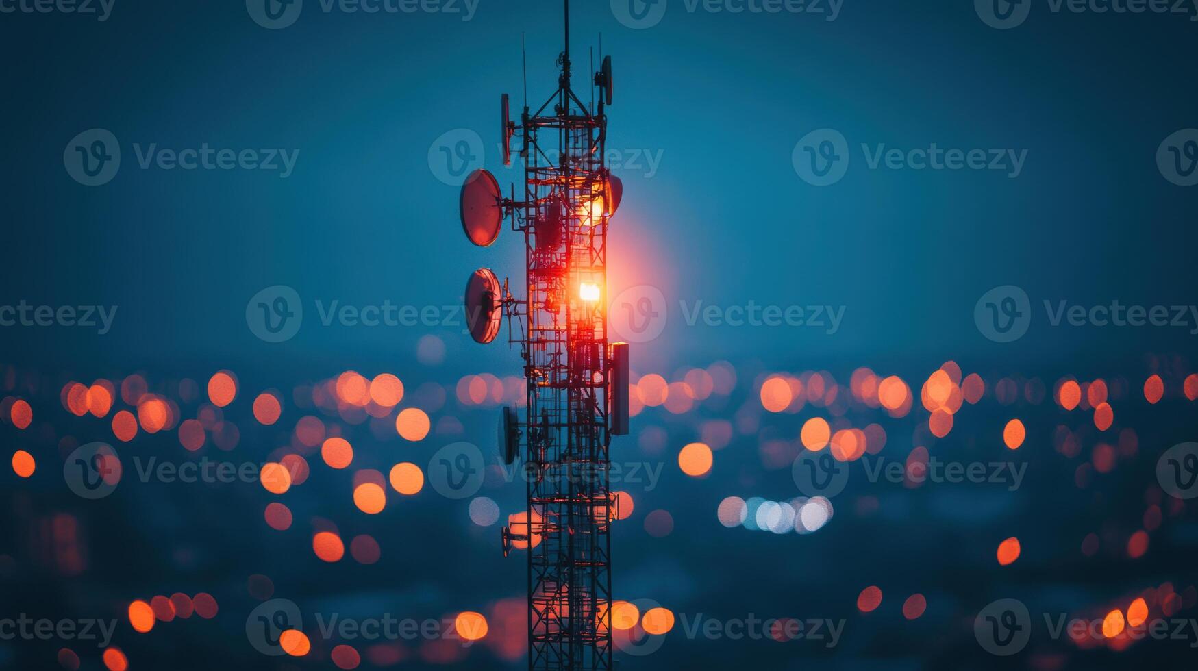 telecommunications tower illuminated at night, surrounded by city lights. structure features antennas and dishes, showcasing modern technology photo