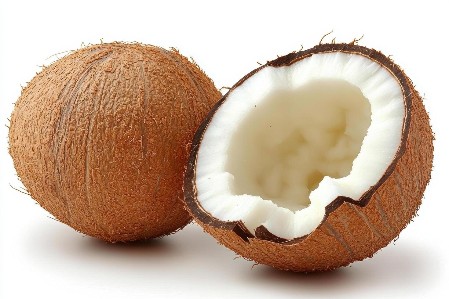 Close up of cracked coconut half revealing white flesh, showcasing its natural texture and earthy tones. Perfect for culinary or tropical themes photo