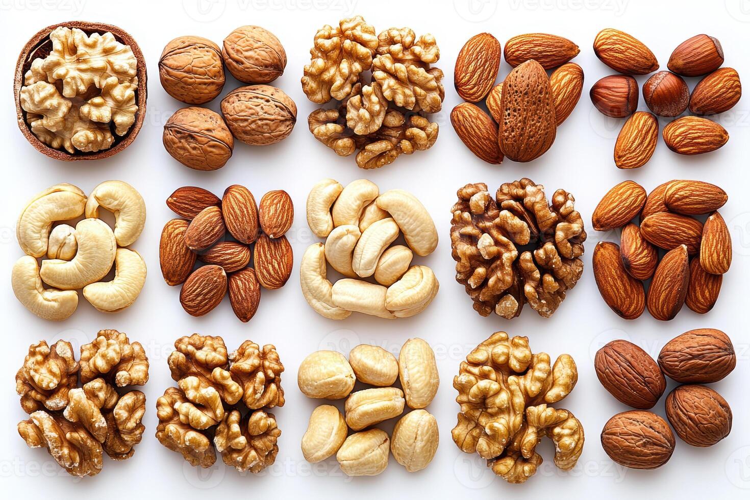 vibrant collection of various nuts including almonds, walnuts, cashews, and more, showcasing their unique textures and colors, perfect for healthy snacking or culinary use photo
