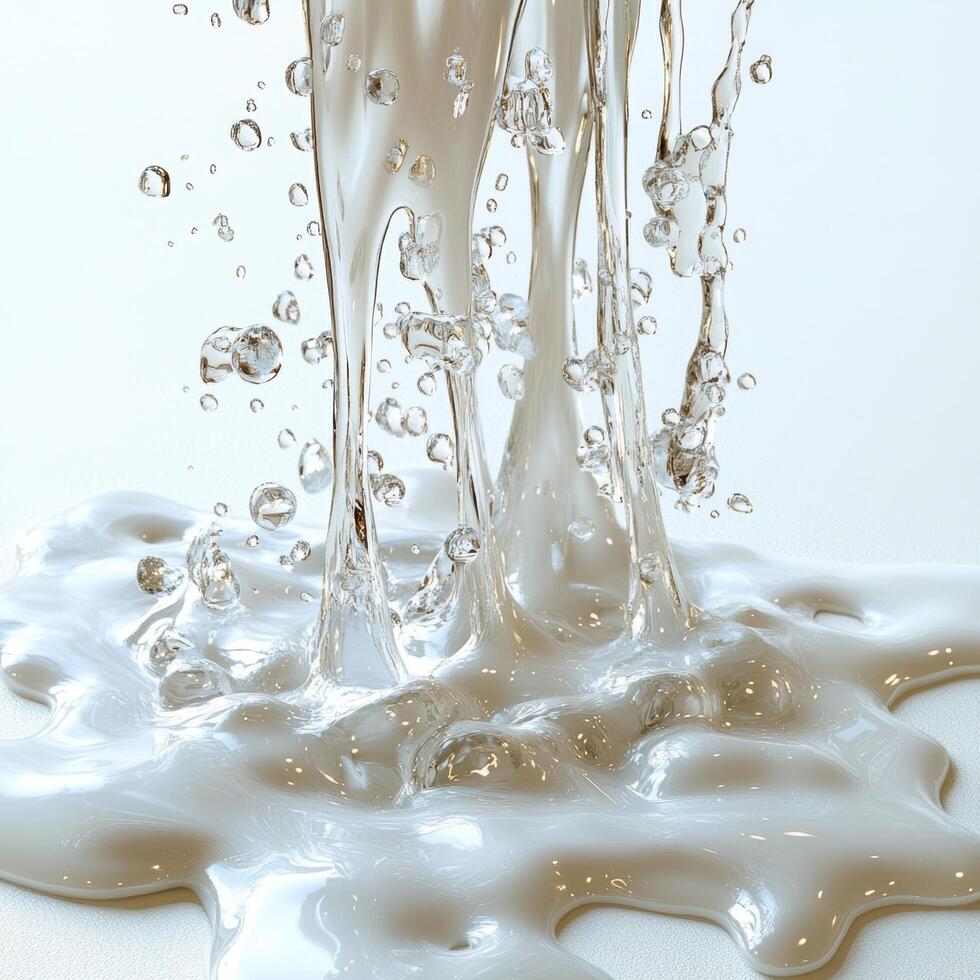 Pouring clear gel creates dynamic flow with bubbles, showcasing glossy texture on smooth surface. scene captures essence of fluidity and movement photo