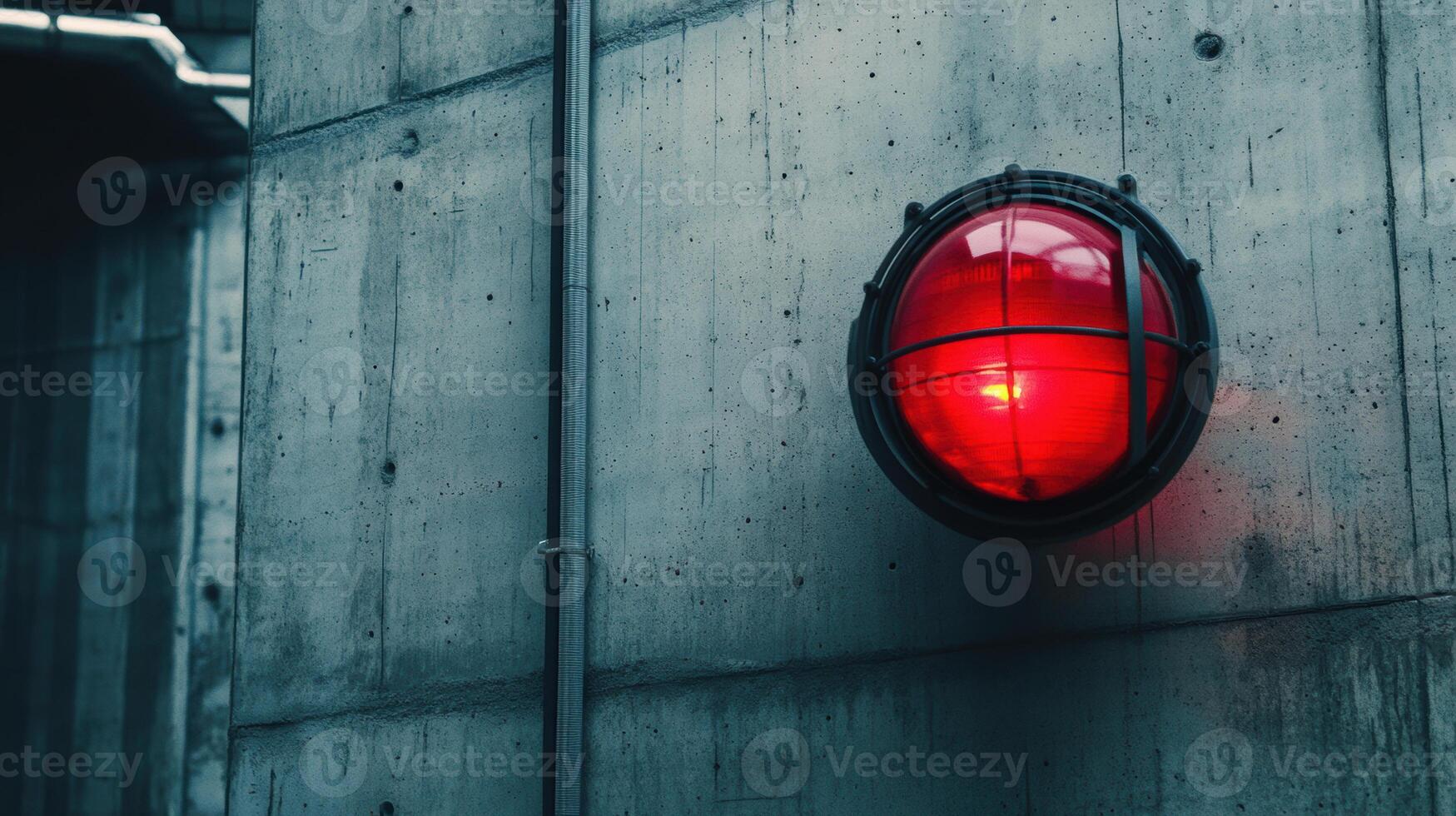 Red warning light on concrete wall, illuminating industrial setting. light creates striking contrast against gray surface, enhancing atmosphere photo