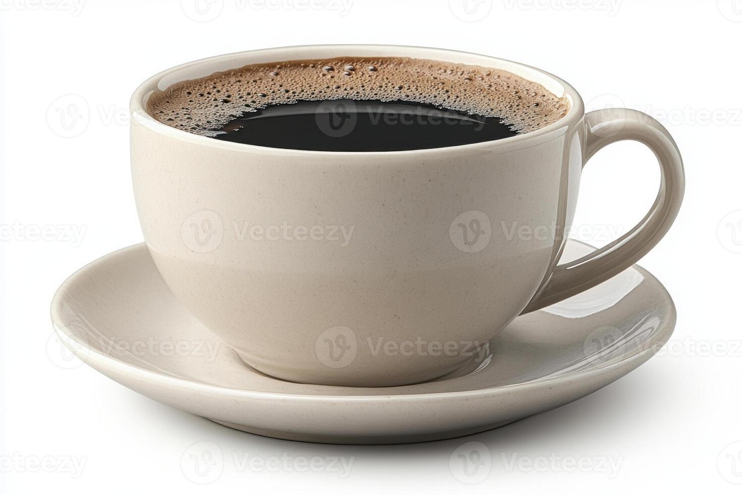 Freshly brewed cup of coffee with rich aroma and dark color, served in simple white ceramic cup and saucer, perfect for cozy morning photo