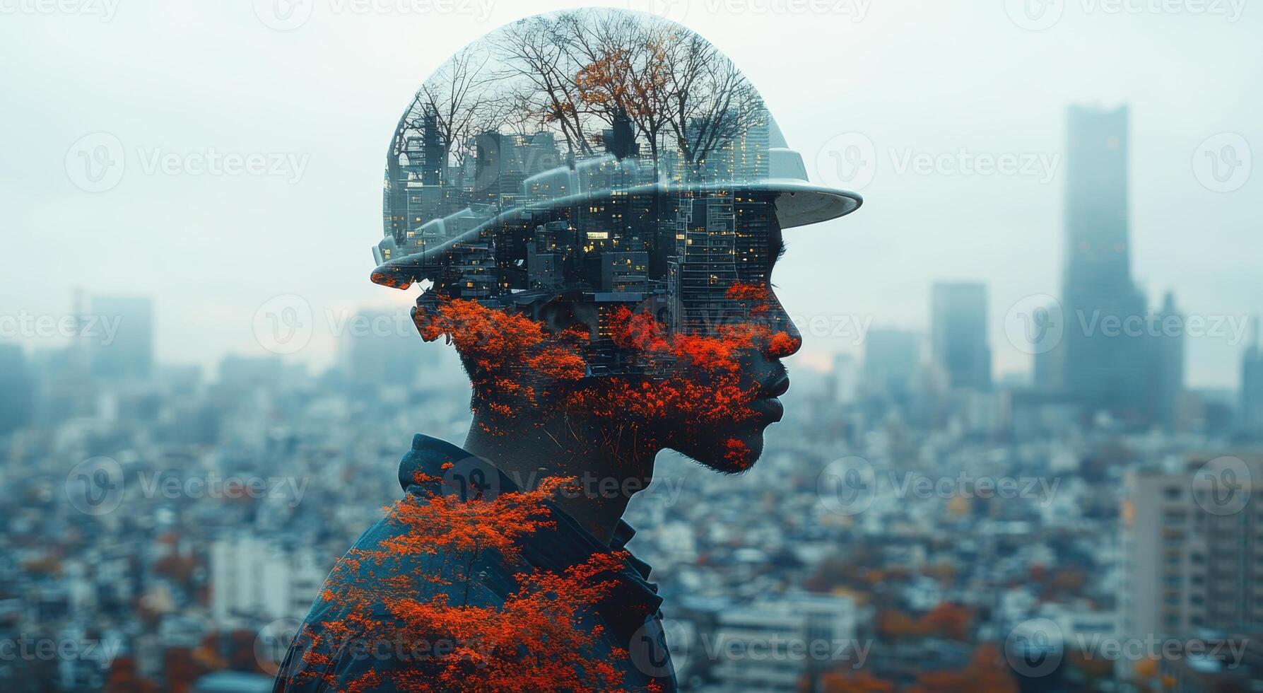 double exposure image of construction worker with cityscape and trees overlay, symbolizing growth and urban development photo