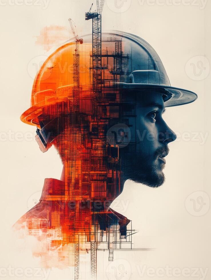 double exposure image of draftsman wearing site helmet, showcasing construction site within his silhouette. vibrant colors create striking visual effect photo