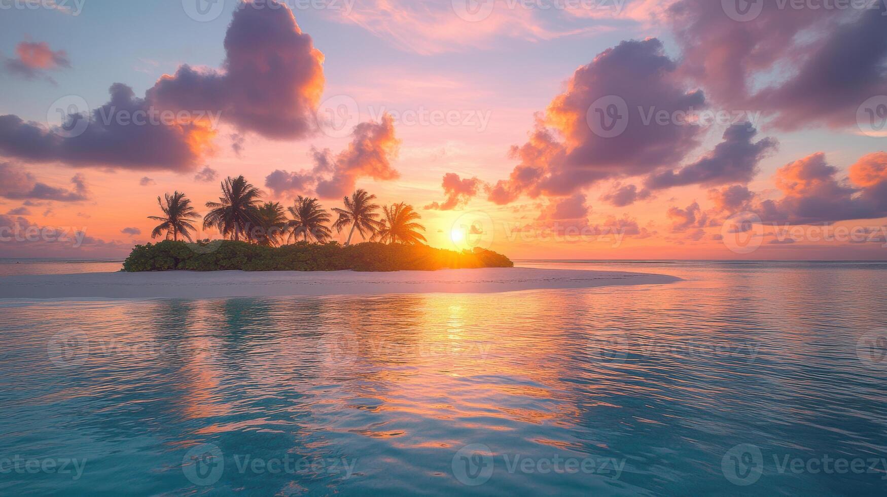 remote island with crystal clear waters, vibrant sunset, and palm trees creates serene and picturesque tropical paradise photo